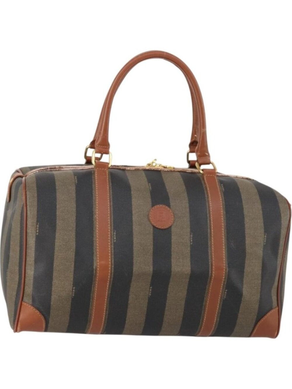 FENDI Pecan Canvas Boston Bag PVC Black Brown gold